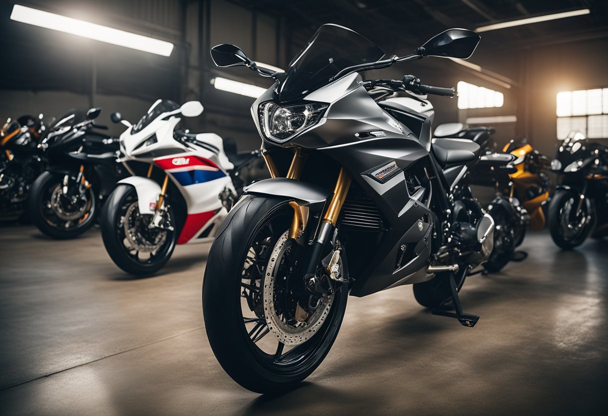 A row of affordable, well-maintained sport bikes parked in a clean, well-lit garage, with a price tag prominently displayed on each one