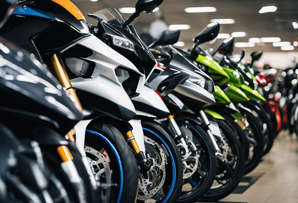 A person browsing through a selection of sport bikes at a dealership, with price tags clearly displayed under $5,000. The bikes are lined up neatly, and the atmosphere is bright and inviting