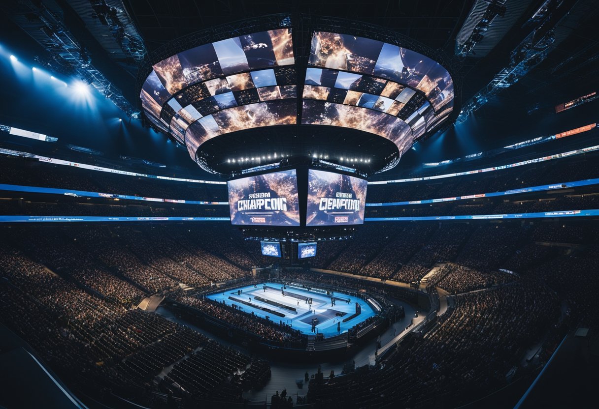 A massive arena filled with cheering fans, giant screens displaying intense gameplay, and players competing on a grand stage for the title of world champion in the biggest esports tournaments