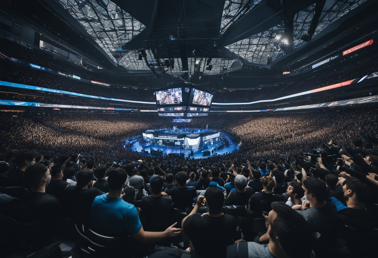 A crowded arena filled with cheering fans, giant screens displaying intense gaming action, and players battling it out on stage in the biggest esports tournaments