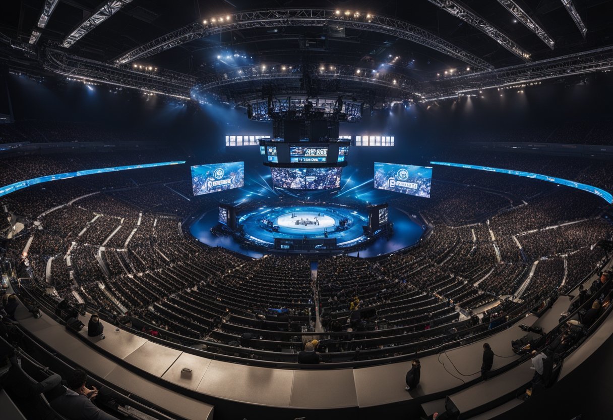 A packed stadium roars as teams compete on stage in the biggest esports tournaments. Banners and screens display sponsor logos