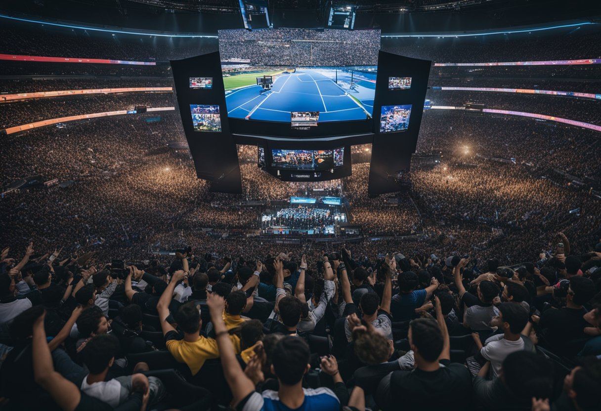 A packed stadium erupts in cheers as players compete in a massive esports tournament, with flashy graphics and intense gameplay displayed on giant screens