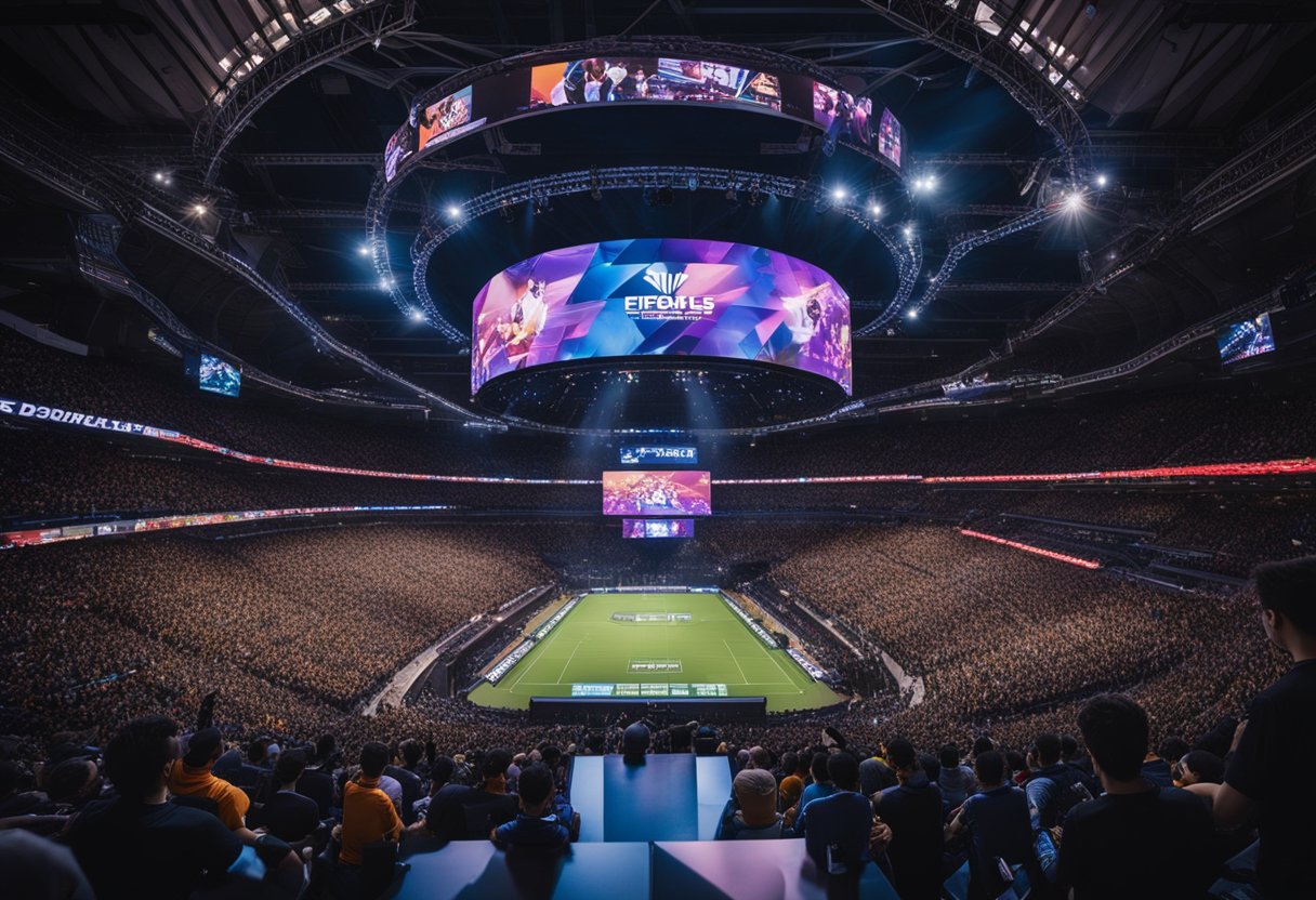 A packed stadium roars as teams battle in the world's biggest esports tournament, with giant screens displaying intense gameplay and colorful team banners hanging from the rafters