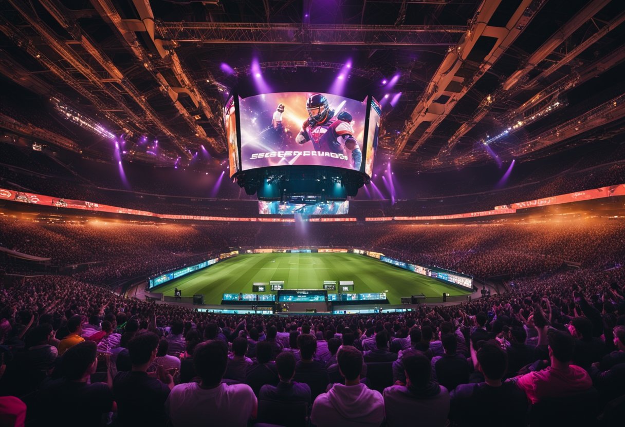 A packed stadium with giant screens and colorful lights, showcasing intense esports competitions with players battling it out on stage