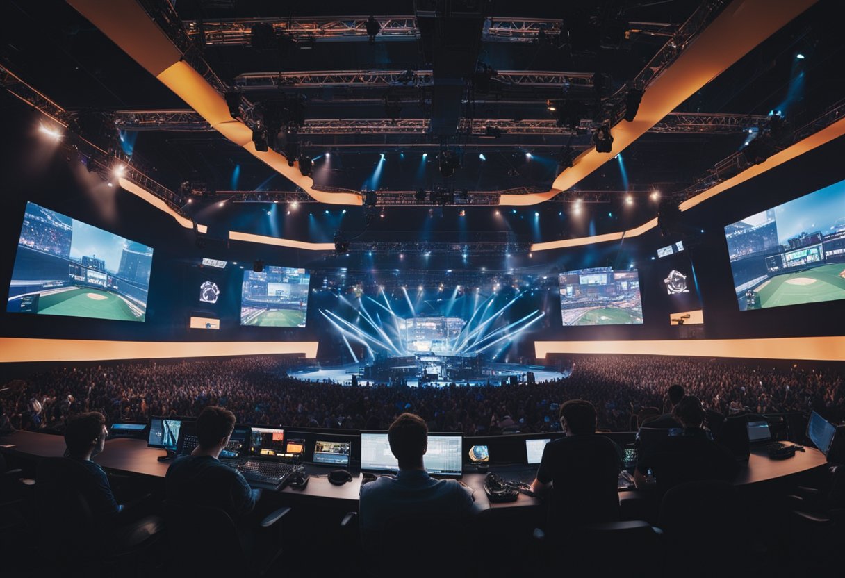 A crowded esports arena with players competing on stage, surrounded by cheering fans and bright lights. Screens display game footage while commentators provide live commentary