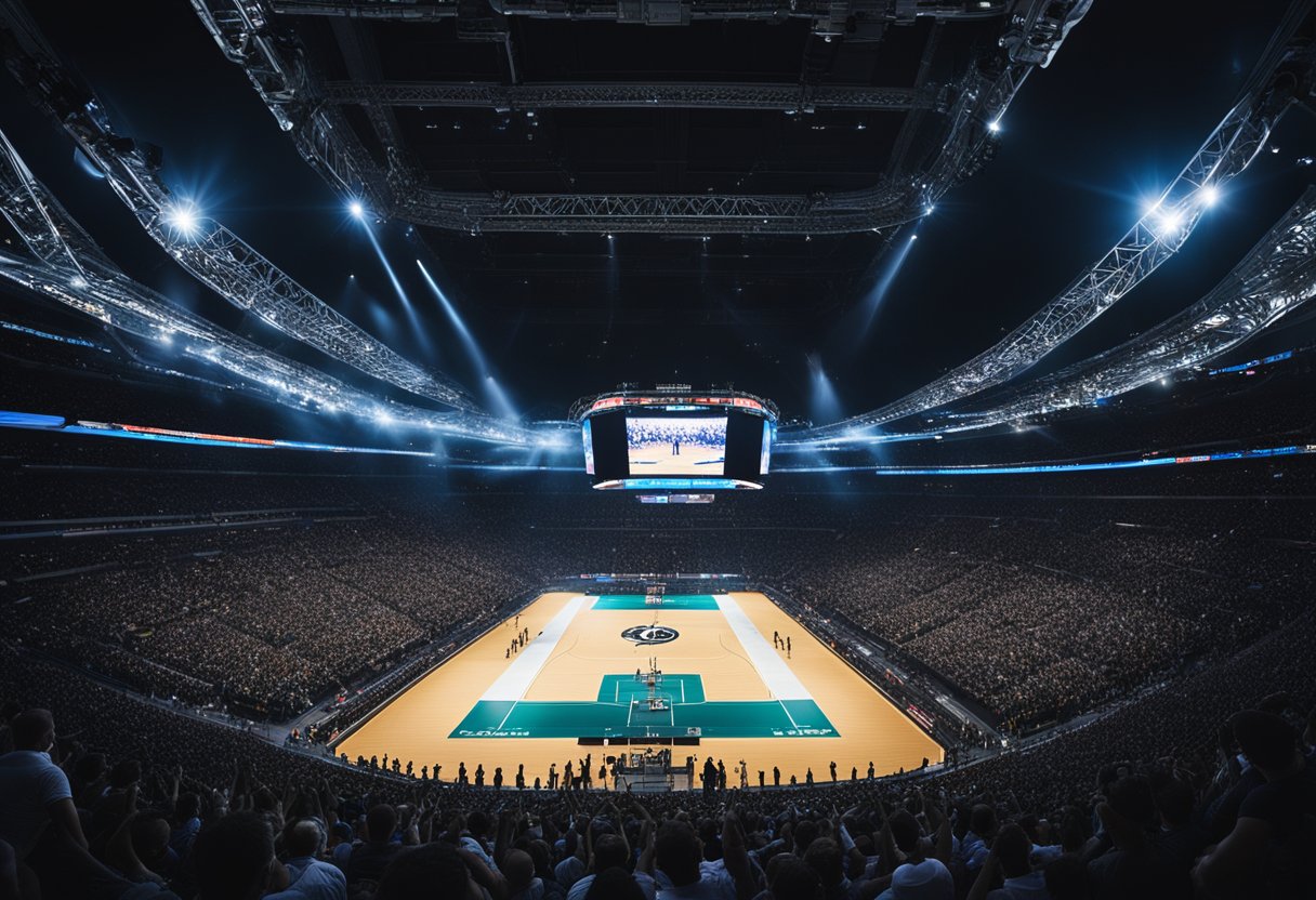 A crowded arena with bright lights, giant screens, and cheering fans. Players compete on stage in front of a massive audience. Sponsors' logos are prominently displayed