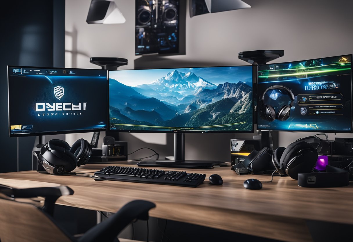 A gaming setup with a computer, keyboard, mouse, and headset on a desk. Posters of popular esports games and tournaments on the wall. Trophy and medals displayed