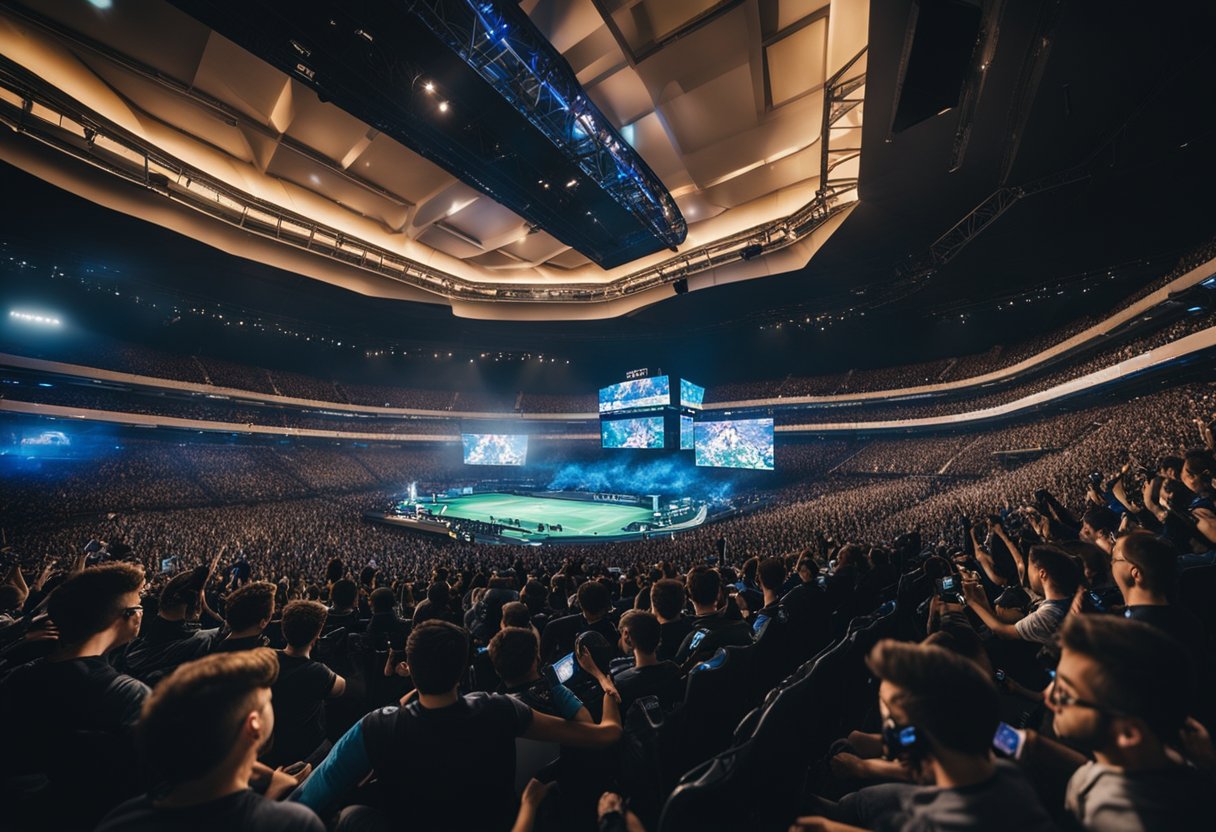 A stadium filled with cheering fans as professional gamers compete on stage in a high-stakes esports tournament