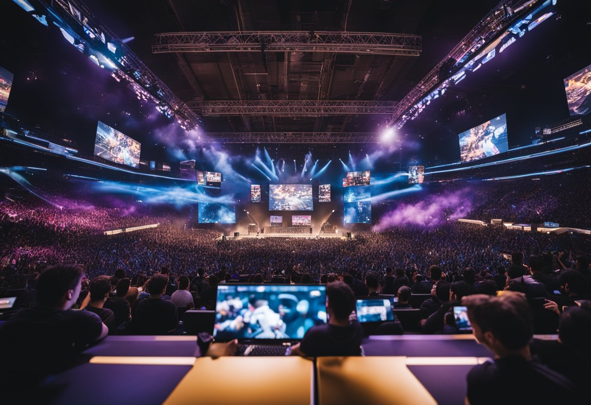 A crowded esports arena with players competing on stage, surrounded by cheering fans and colorful team banners