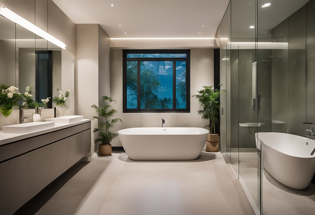 A spacious bathroom with double sinks, separate shower and bathtub, and a shared toilet area. Bright, neutral colors and modern fixtures create a clean and inviting space