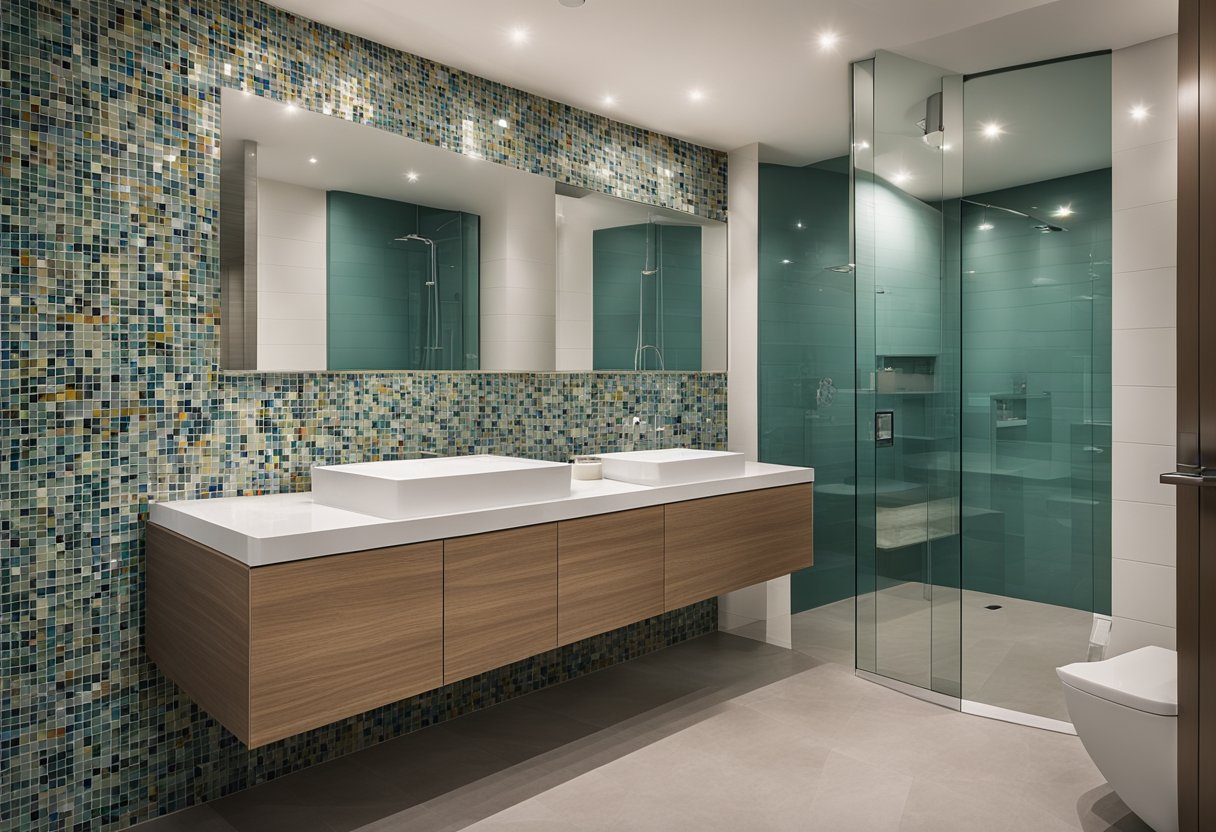 Two sinks with matching faucets flank a large mirror. Colorful tiles line the walls and floor. A frosted glass door leads to a shared shower and toilet area