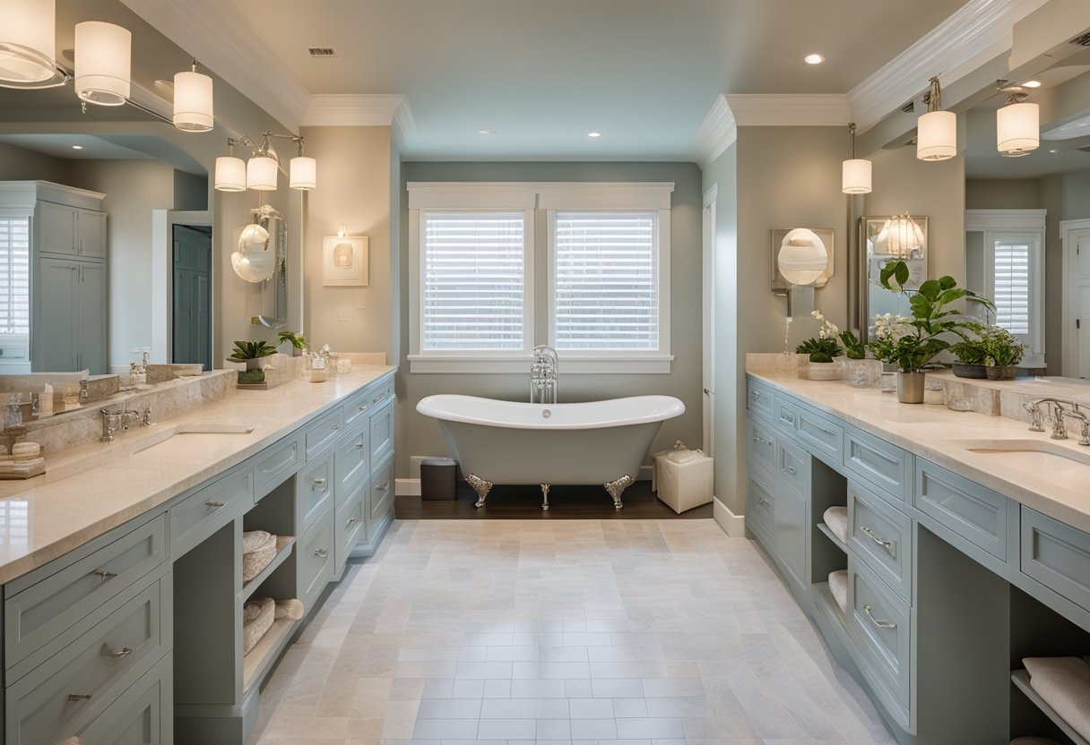 A spacious Jack and Jill bathroom with dual sinks, a separate shower, and a shared bathtub nestled between two private water closets