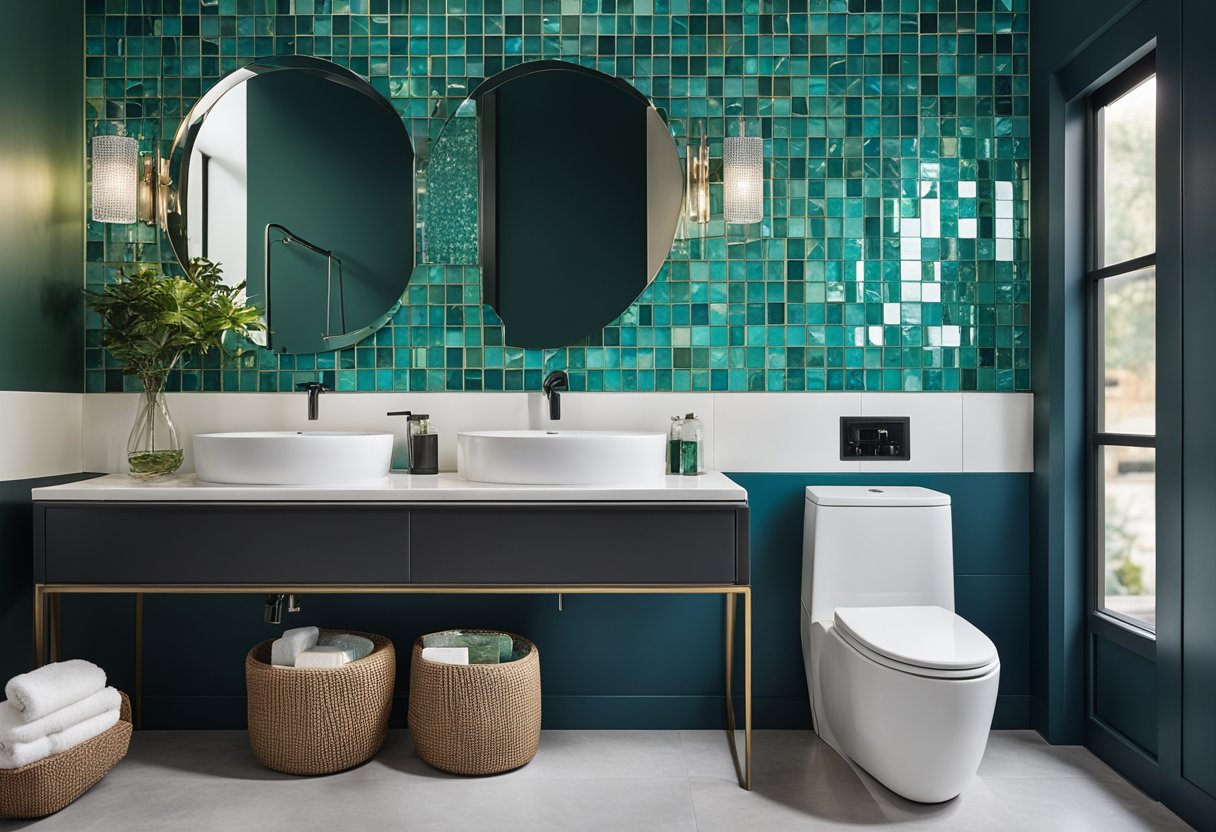 A bathroom with a bold accent wall using mosaic tiles in shades of blue and green, complemented by sleek metallic fixtures and a statement mirror