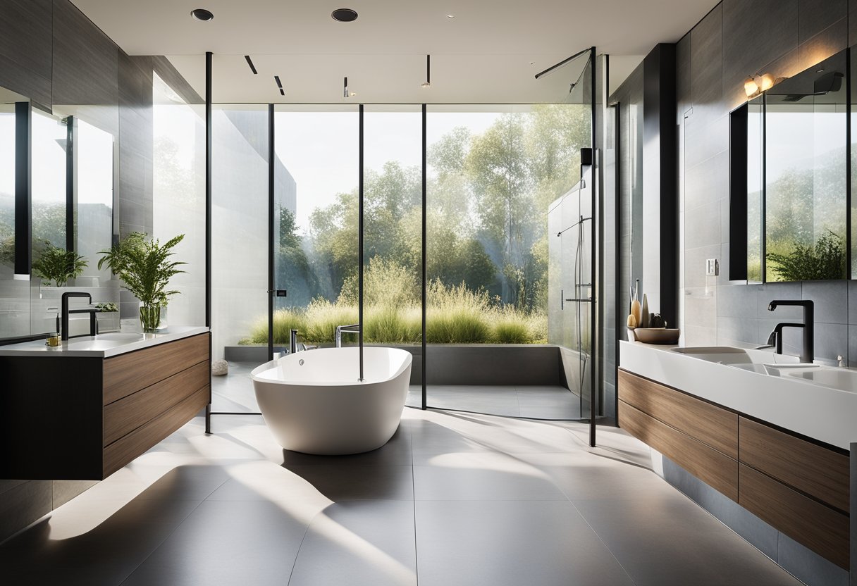 A spacious bathroom with dual sinks, a large soaking tub, and a separate shower. The fixtures are modern and sleek, with plenty of natural light streaming in through the windows