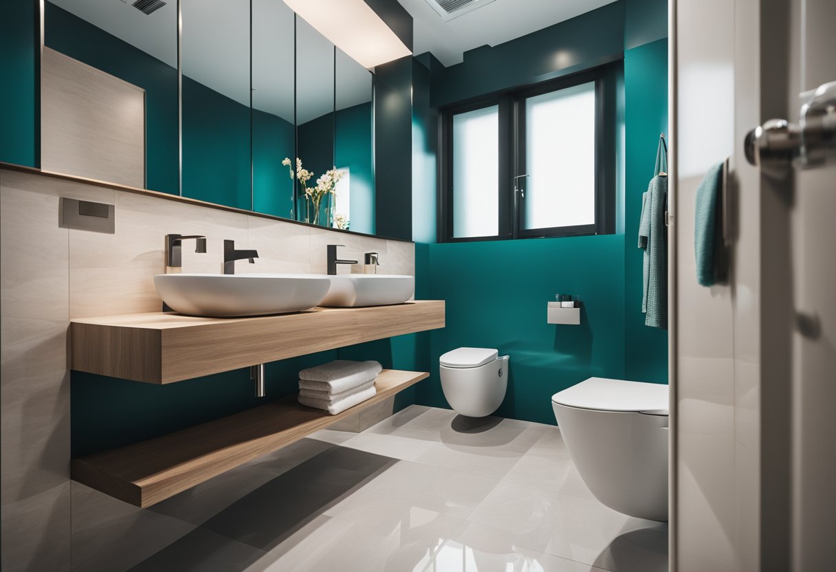 A modern bathroom with a bold teal accent wall, complemented by neutral tones and metallic accents