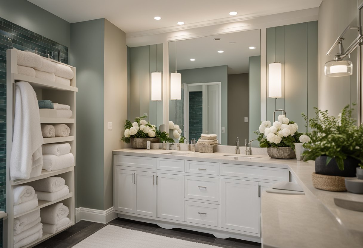 A well-organized bathroom with double sink vanity, separate storage cabinets for each user, and a shared shower and bathtub area