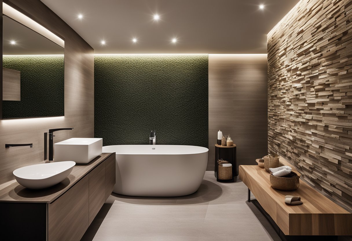 A bathroom with a textured accent wall featuring natural stone or wood elements, creating a modern and luxurious atmosphere