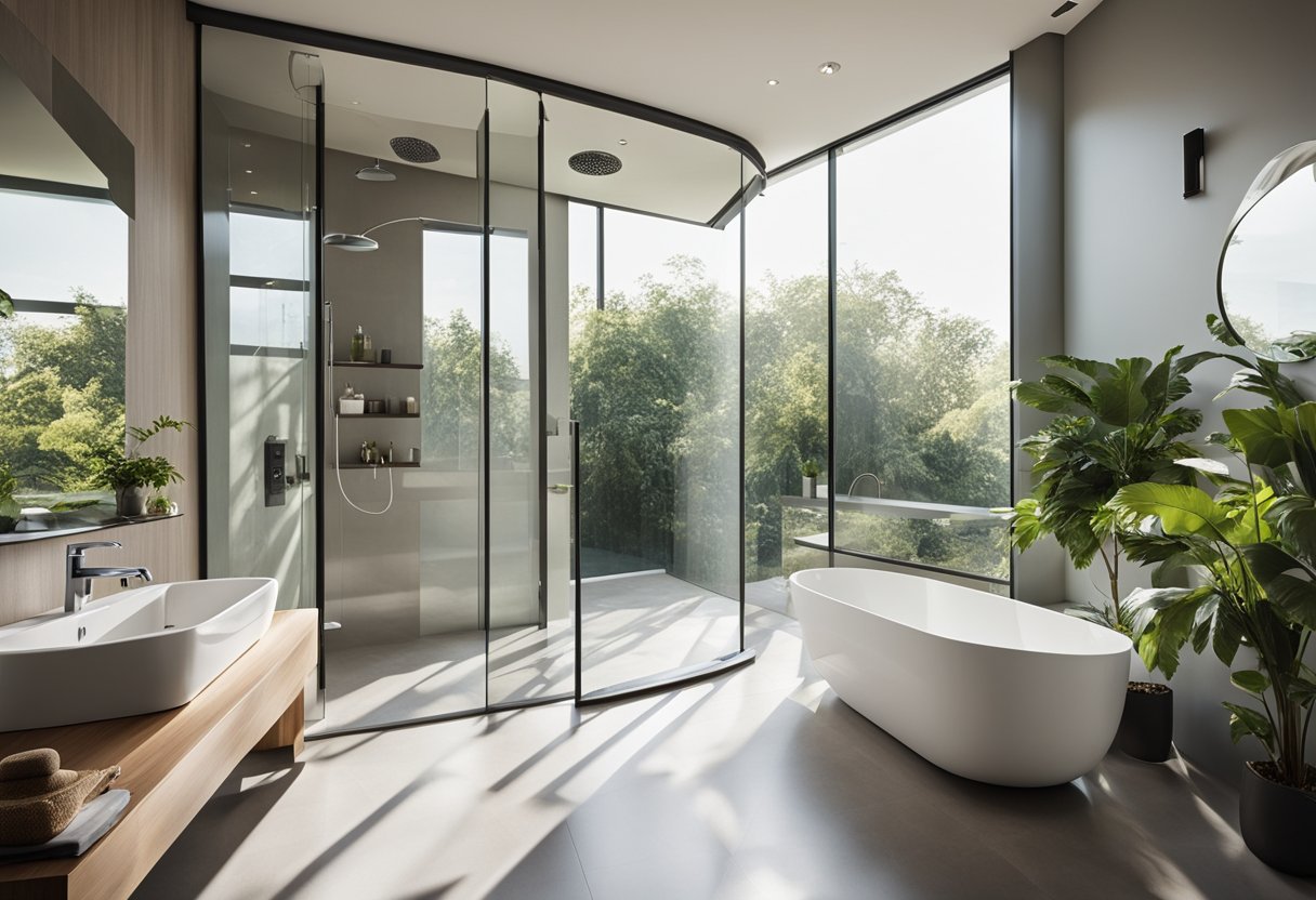 The bathroom is well-lit with natural light from a skylight and large windows. A ceiling fan and open windows provide ventilation