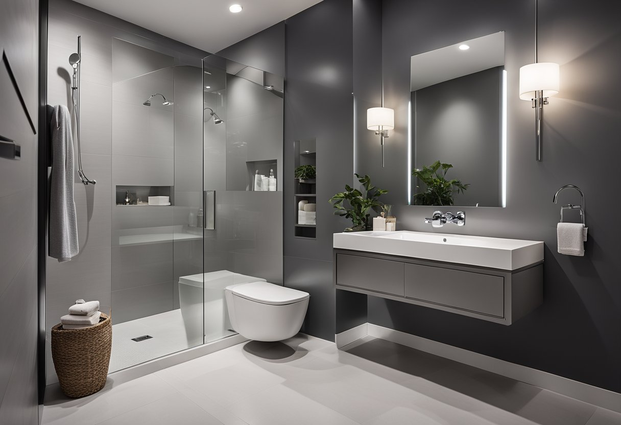 A sleek, modern bathroom with gray walls, white fixtures, and chrome accents. Clean lines and minimalistic design create a sophisticated and calming atmosphere