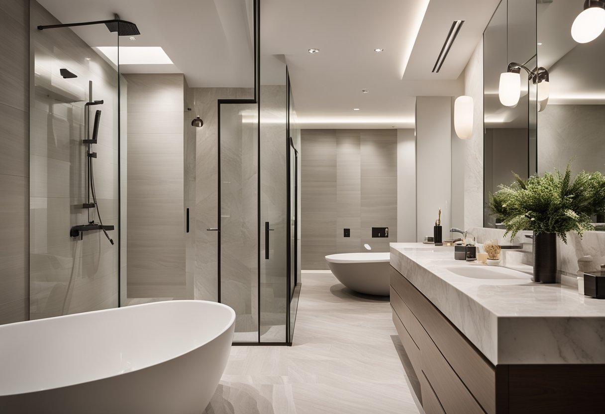 A modern bathroom with sleek, durable materials like porcelain tiles, marble countertops, and chrome fixtures. Clean lines and a neutral color palette exude timeless style