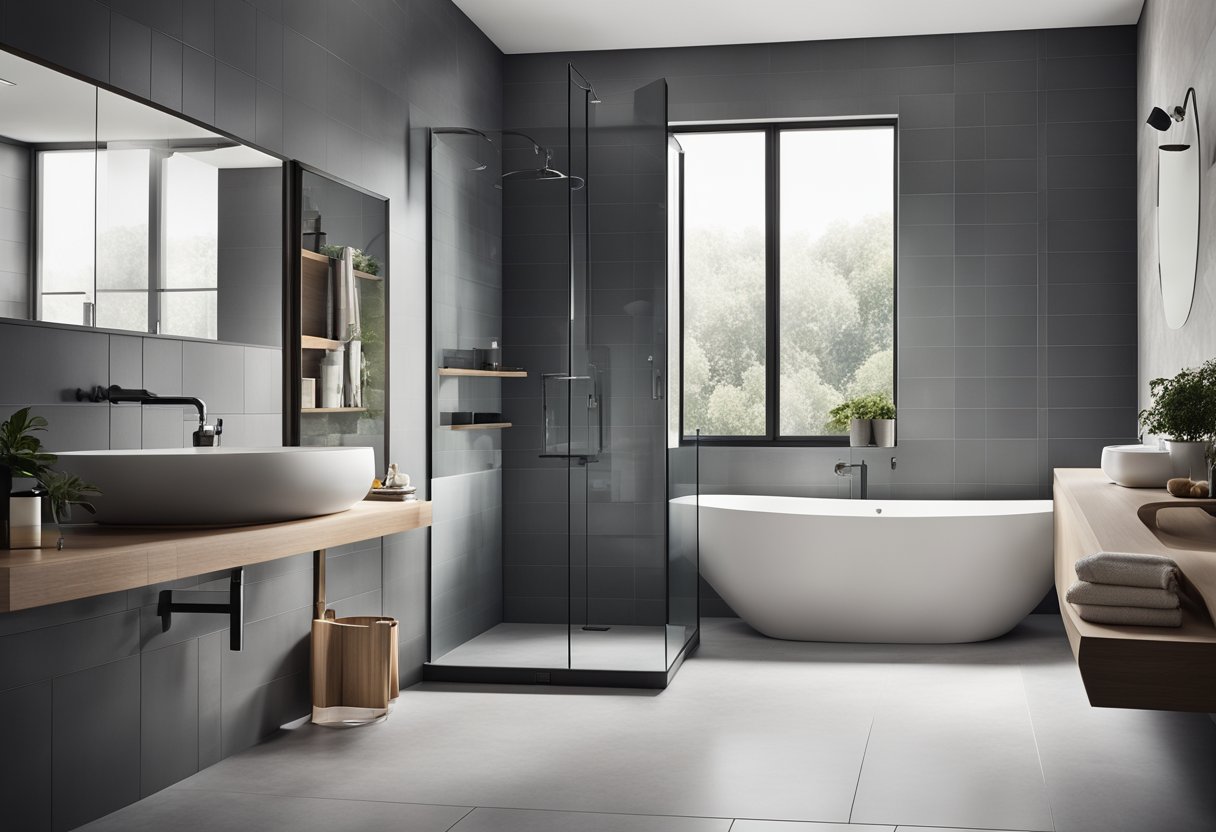 A modern bathroom with various shades of gray tiles, sleek fixtures, and a large mirror. The natural light filters in, creating a serene and sophisticated atmosphere