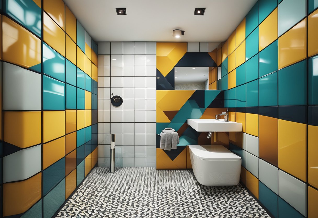 Vibrant geometric tiles form a striking accent wall in a modern bathroom, creating a dynamic and visually engaging focal point