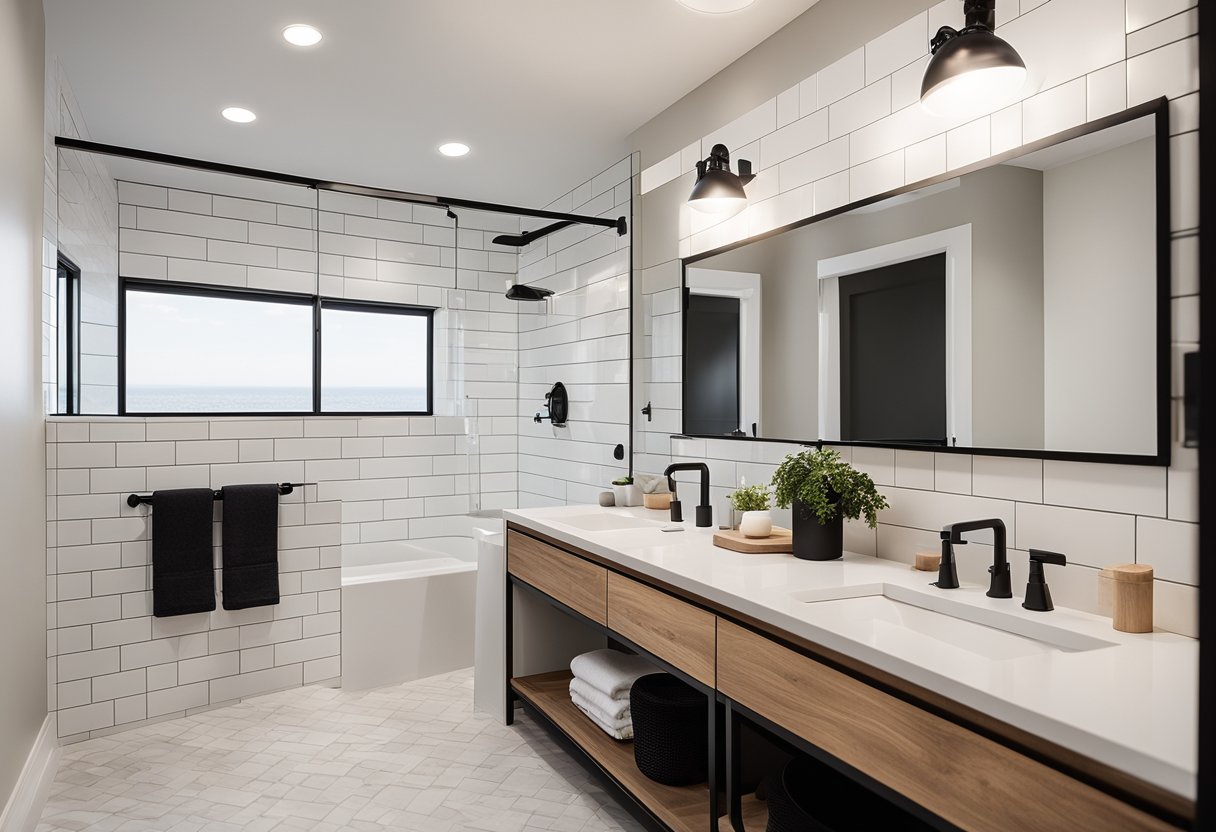 A modern Jack and Jill bathroom with a neutral color scheme and minimalist decor. White subway tiles, black fixtures, and natural wood accents