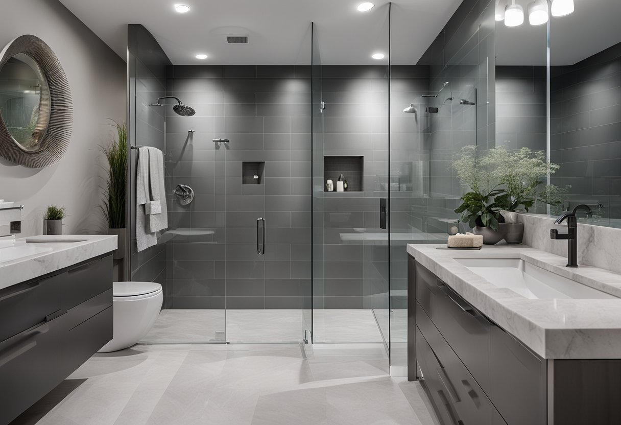 A modern gray bathroom with sleek marble countertops and matte tile flooring. A glass-enclosed shower and chrome fixtures complete the minimalist design