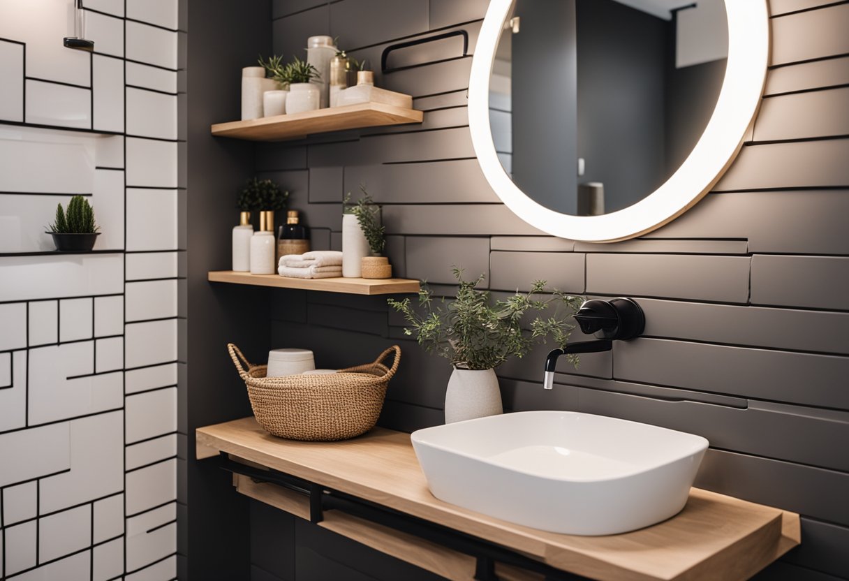 A modern bathroom with floating shelves and decorative baskets on a bold accent wall