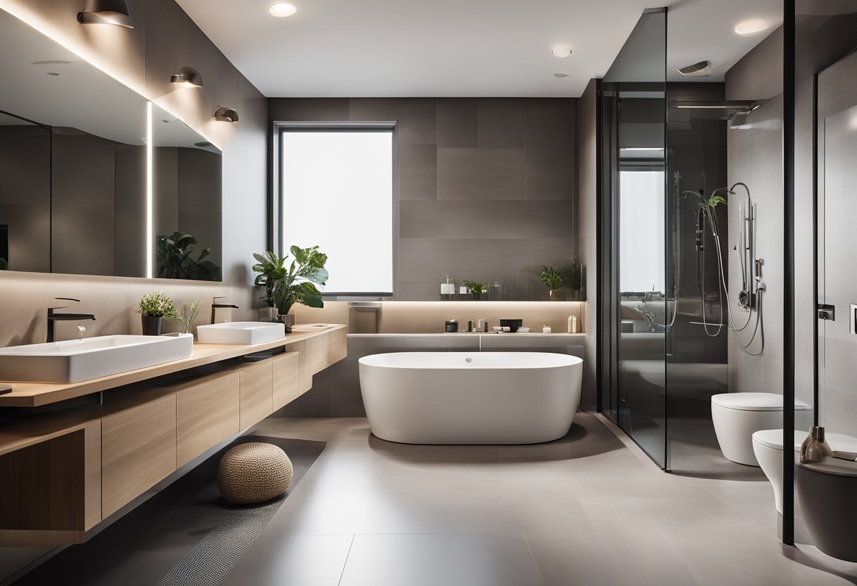 A modern, sleek bathroom with dual sinks, smart mirrors, and high-tech shower and toilet features. The space is well-lit with natural and artificial light, and the color scheme is neutral with pops of vibrant accents