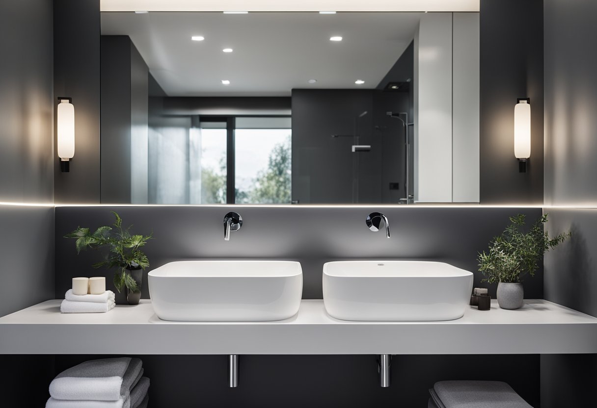 Soft natural light illuminates a modern gray bathroom with sleek fixtures and a minimalist design. Subtle shadows create depth and contrast