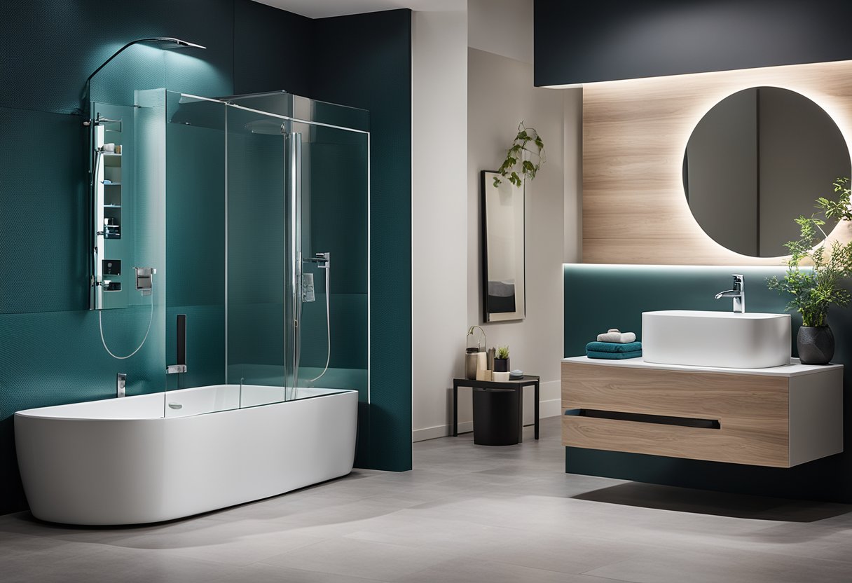 A sleek, modern bathroom with a vibrant accent wall showcasing integrated technology such as smart mirrors, LED lighting, and digital shower controls