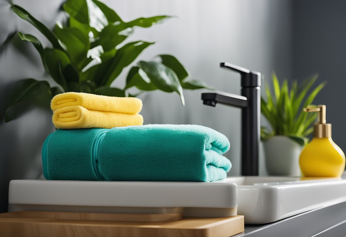 A gray bathroom with pops of color: teal towels, green plants, and a vibrant yellow soap dish on the counter