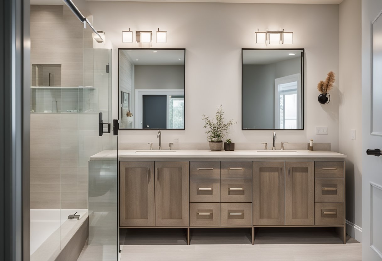 A spacious and modern Jack and Jill bathroom with double sinks, a large walk-in shower, and sleek, minimalist design. Light colors and natural materials create a bright and inviting space