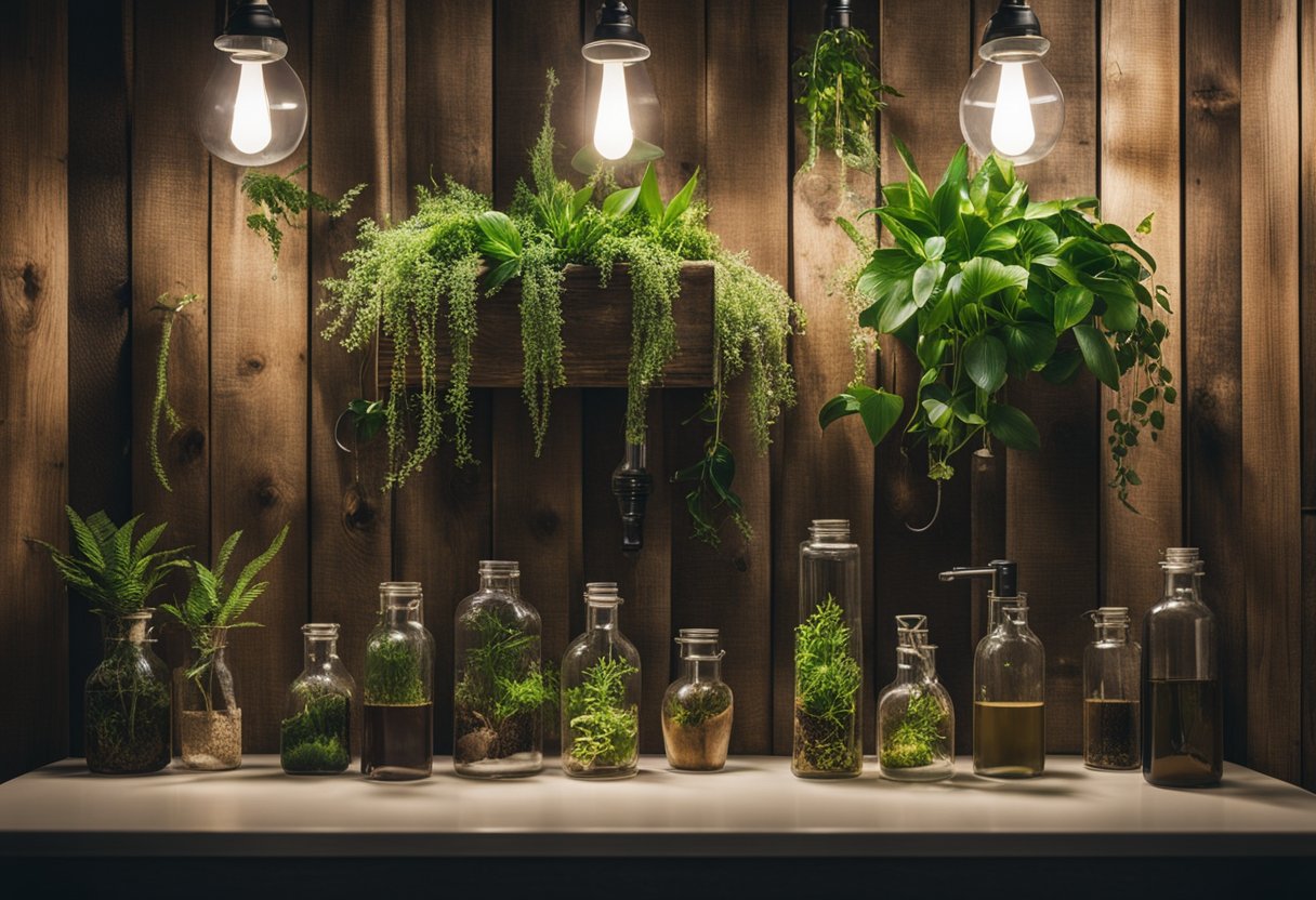 A bathroom accent wall made of reclaimed wood, adorned with hanging plants and eco-friendly LED lighting. Glass bottles and natural materials add to the sustainable aesthetic