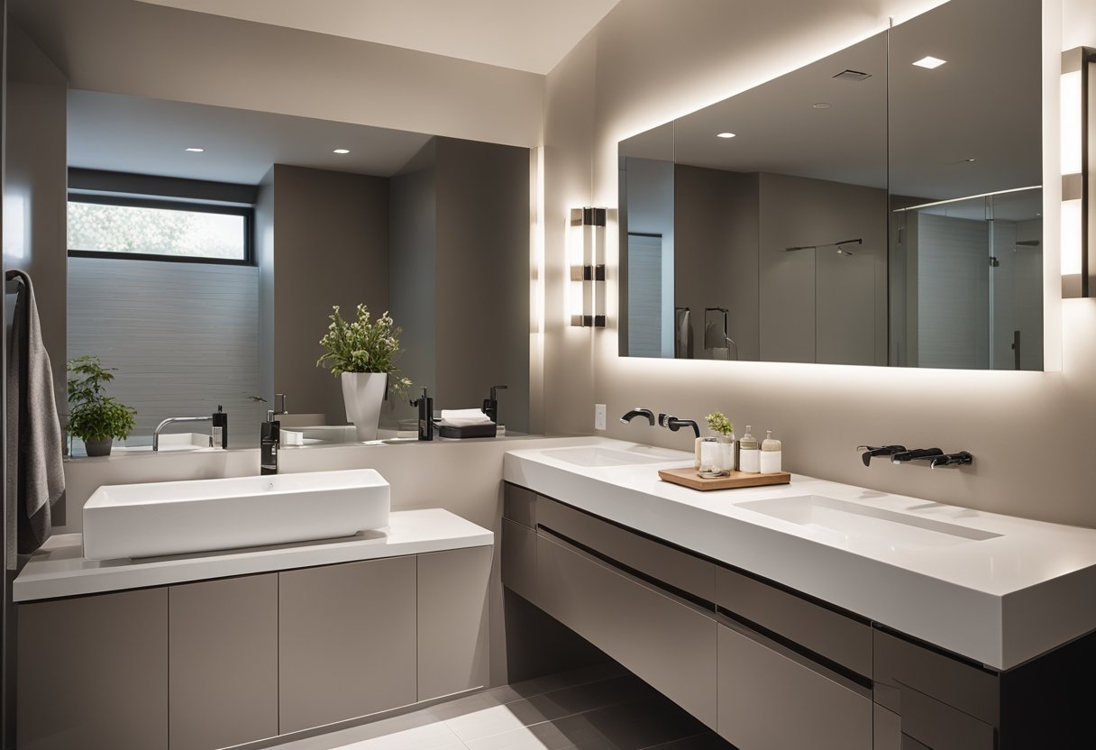 A spacious, well-lit bathroom with dual sinks, a large mirror, and plenty of storage. A modern, clean design with neutral colors and sleek fixtures