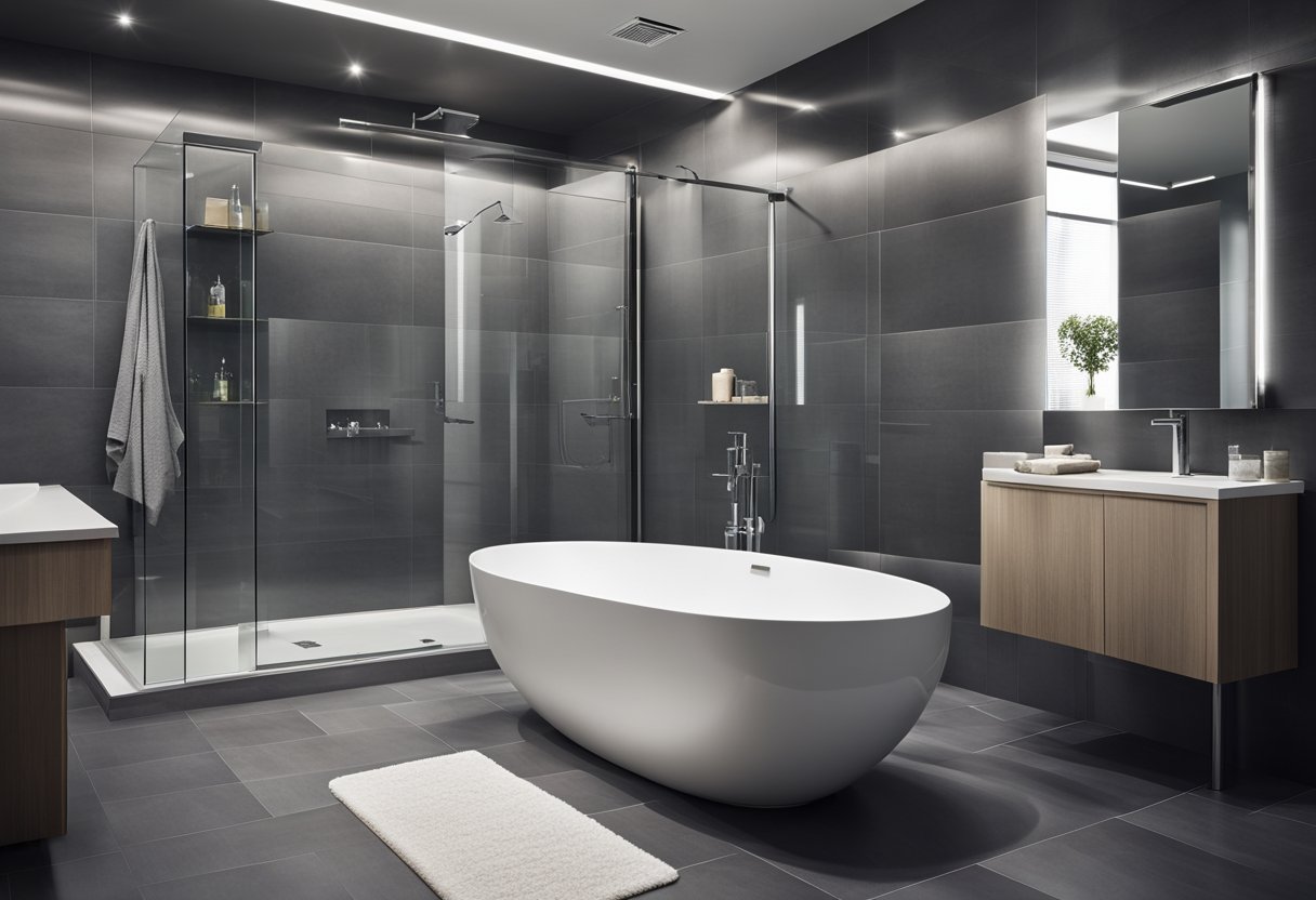 A sleek, modern bathroom with gray tiled walls and floors, a glass-enclosed shower, and a freestanding bathtub. The room is accented with chrome fixtures and minimalist decor