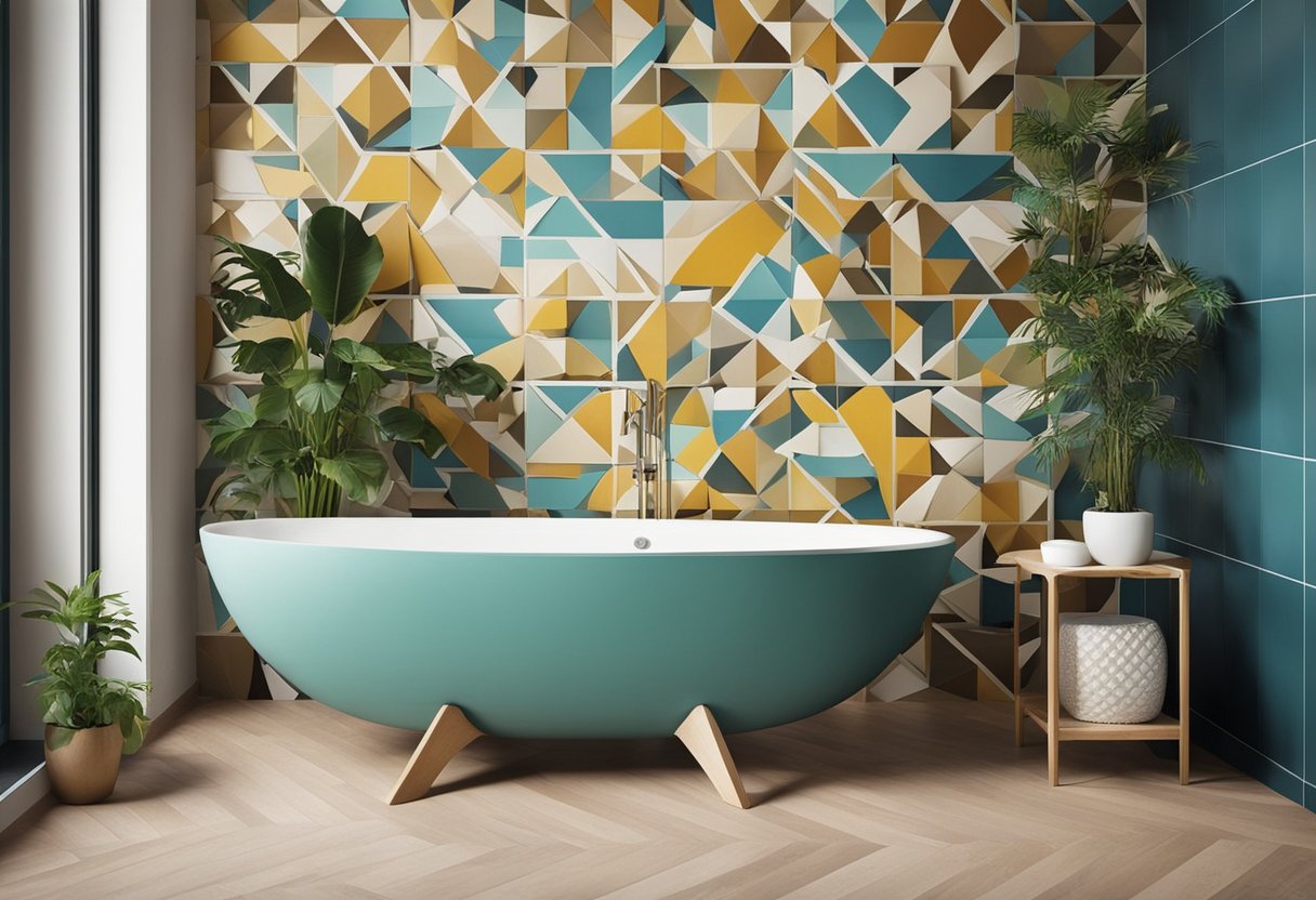 A bathroom wall with colorful patterned tiles arranged in a geometric design, surrounded by shelves holding decorative items and plants