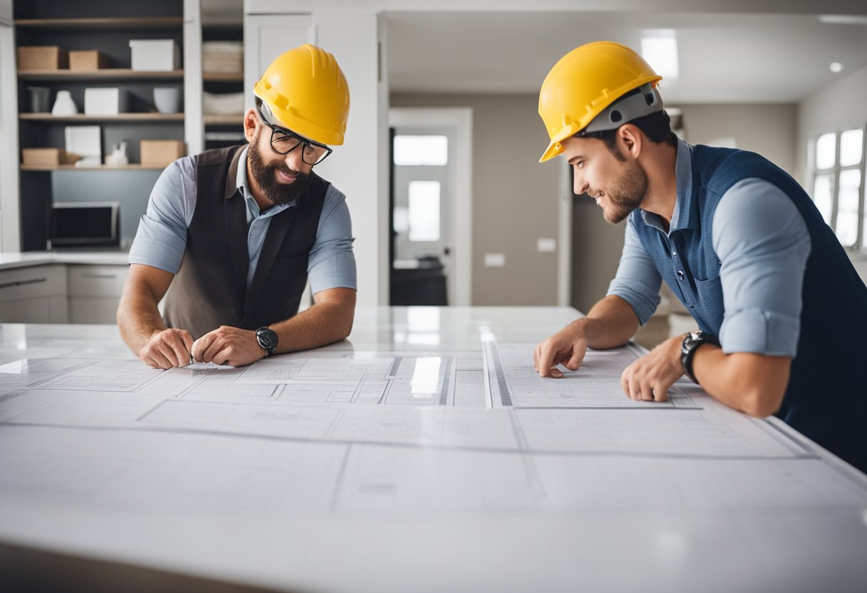 A contractor and a designer discussing Jack and Jill bathroom layout and design ideas