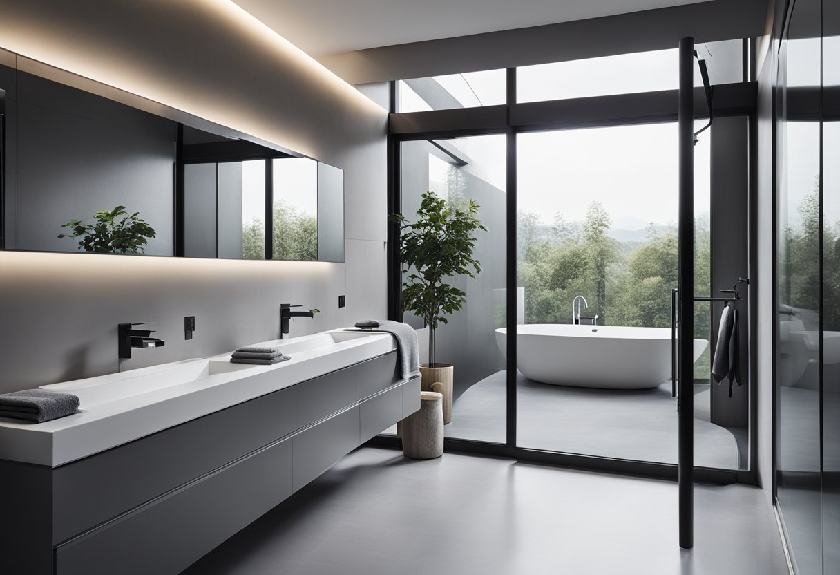 A spacious gray bathroom with modern fixtures and a sleek layout. Large windows let in natural light, highlighting the clean lines and minimalist design