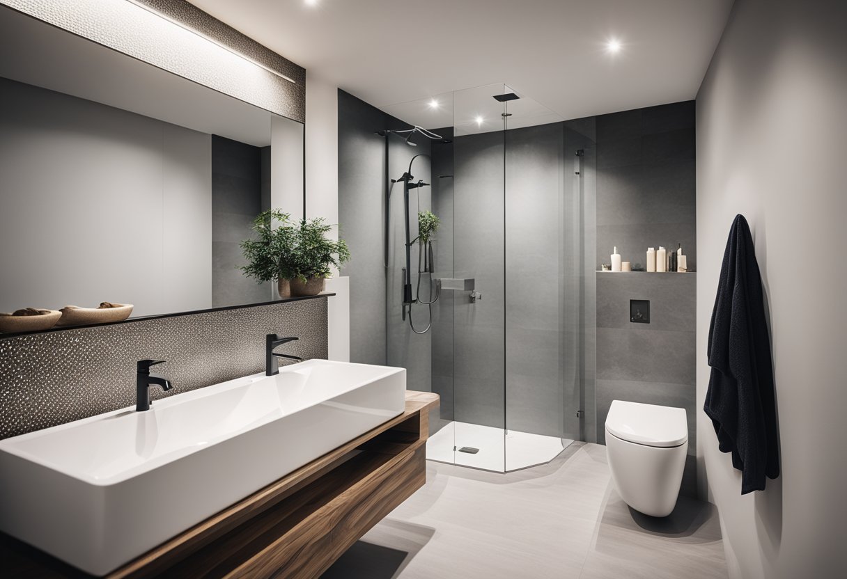 A clean, well-lit bathroom with a decorative accent wall featuring durable materials and minimalistic design