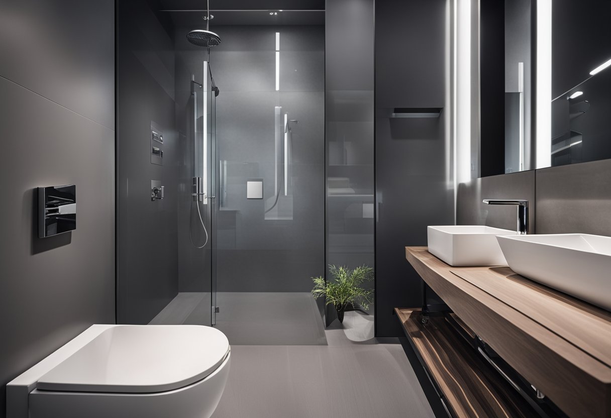 A gray bathroom with modern fixtures and sleek furniture. Minimalist design with clean lines and a touch of industrial style