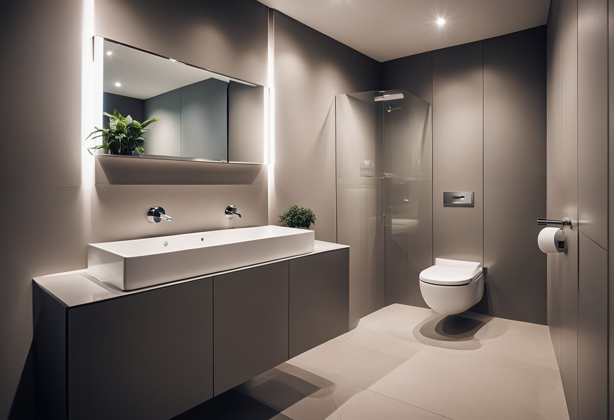 A modern water closet with sleek fixtures, minimalist design, and soft ambient lighting in a private bathroom setting