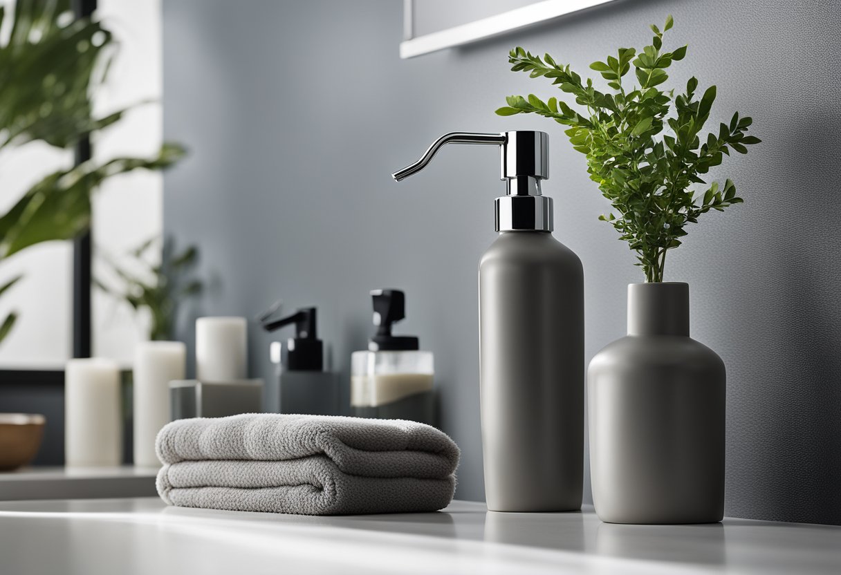 A gray bathroom with decorative accessories like a sleek soap dispenser, a fluffy towel, and a modern vase with greenery on the countertop