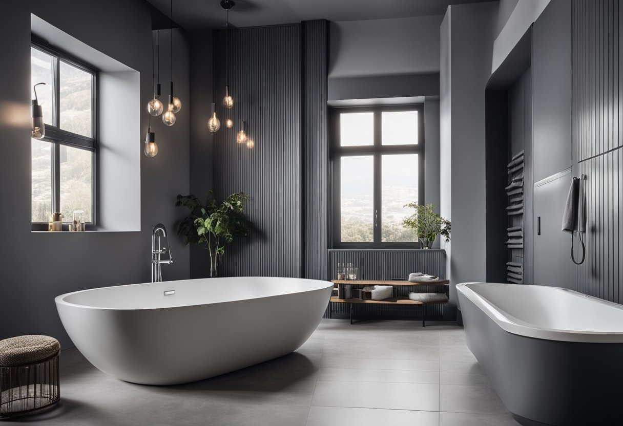 A sleek, modern gray bathroom with minimalist decor and a large, freestanding bathtub. The walls are tiled in a light gray, and there are dark gray accents throughout the space