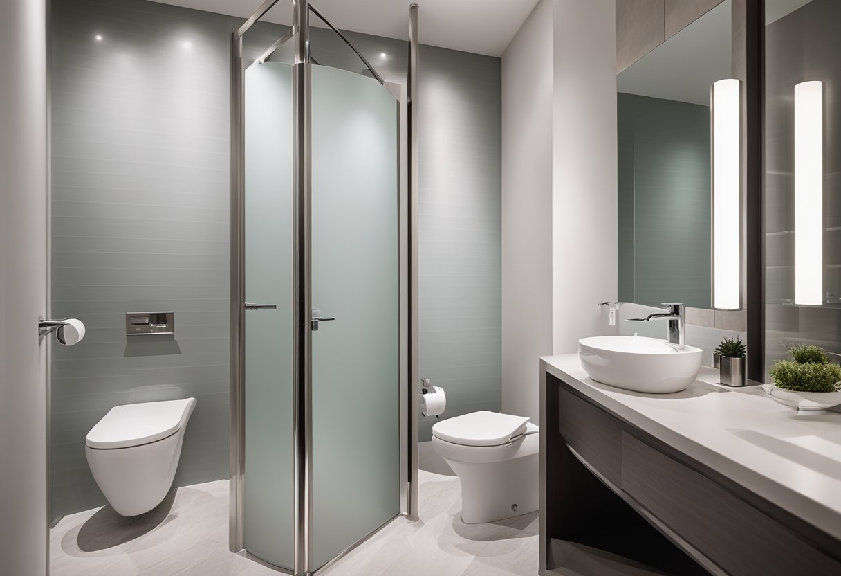 A modern water closet with sleek, white ceramic fixtures, chrome accents, and a frosted glass door in a private bathroom design