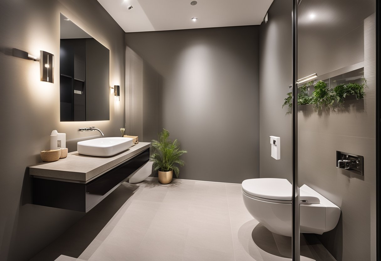 A modern water closet with soft overhead lighting and sleek electrical fixtures