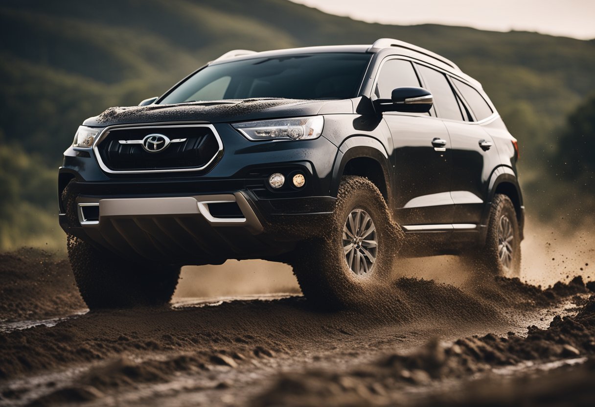 A family SUV navigating rugged terrain, with mud splattering and tires kicking up dirt