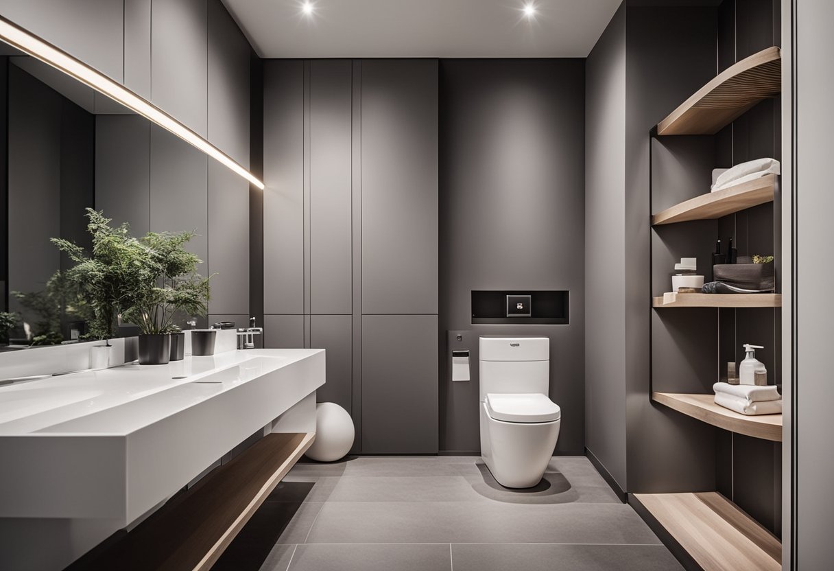 A modern water closet with a sleek color scheme, minimalist design, and luxurious aesthetic