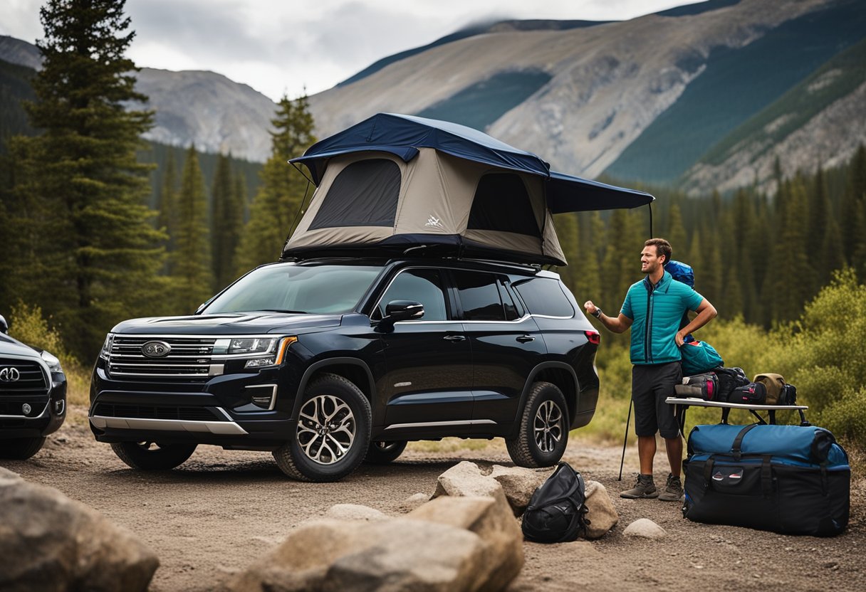 A rugged SUV parked at a trailhead with a family loading camping gear into the spacious trunk. A mountain range looms in the background, highlighting the vehicle's off-road capabilities